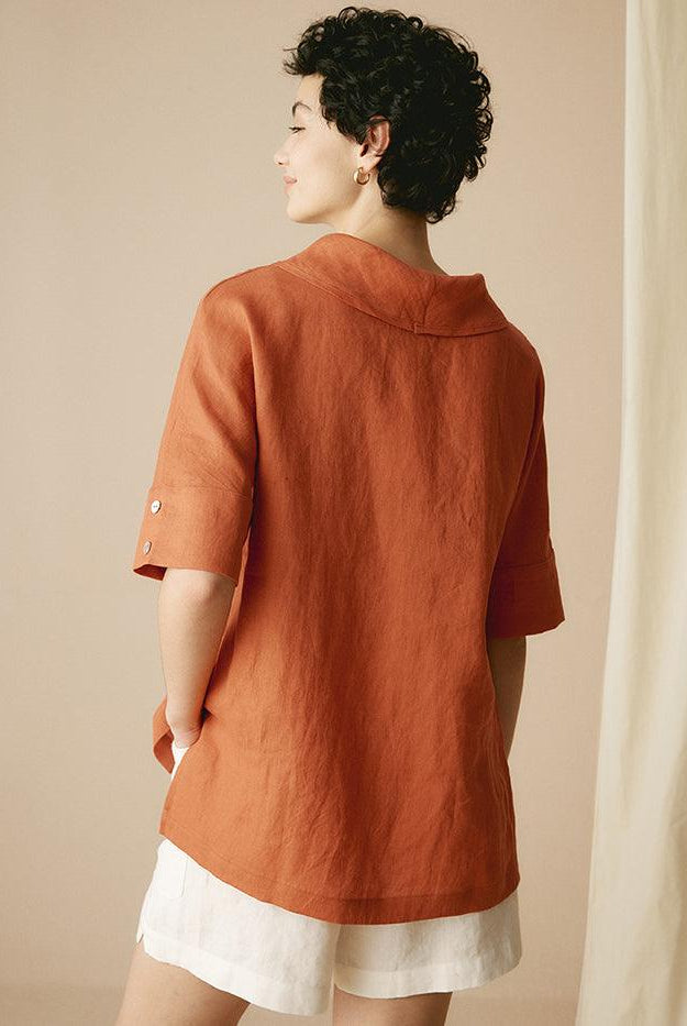 100% Linen V-Neck Short Sleeve Shirt SIERRA - TOPS-Linen Blouses