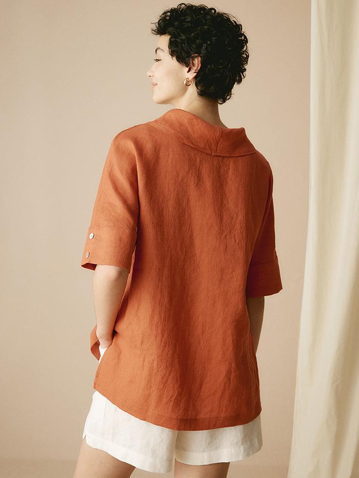 100% Linen V-Neck Short Sleeve Shirt SIERRA - TOPS-Linen Blouses