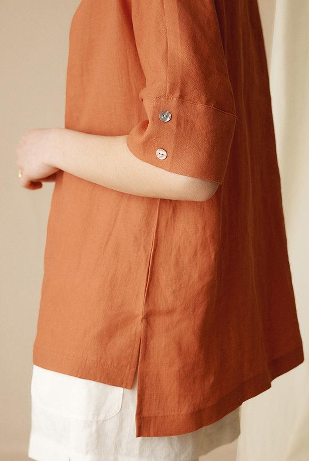100% Linen V-Neck Short Sleeve Shirt SIERRA - TOPS-Linen Blouses