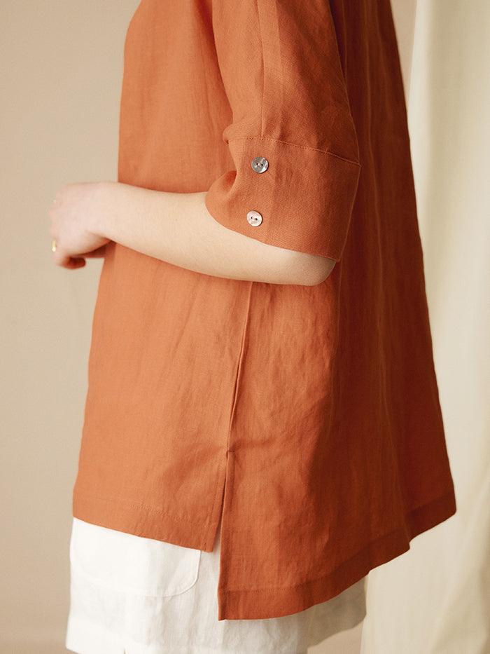 100% Linen V-Neck Short Sleeve Shirt SIERRA - TOPS-Linen Blouses