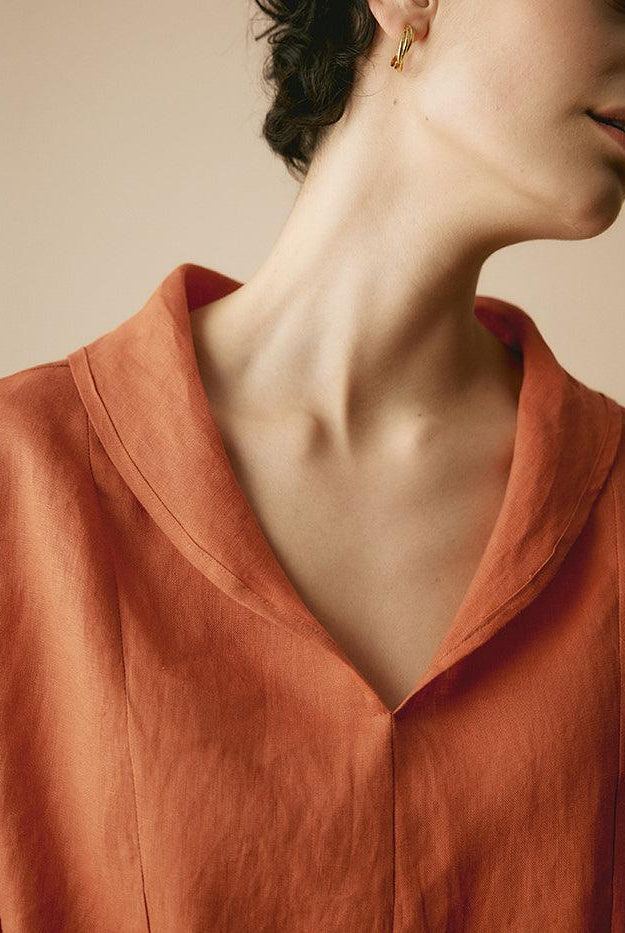 100% Linen V-Neck Short Sleeve Shirt SIERRA - TOPS-Linen Blouses