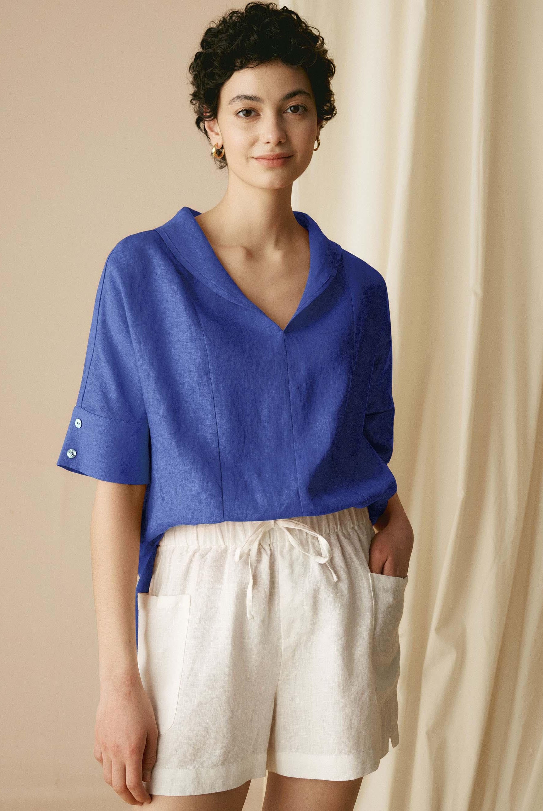 100% Linen V-Neck Short Sleeve Shirt SIERRA - TOPS-Linen Blouses