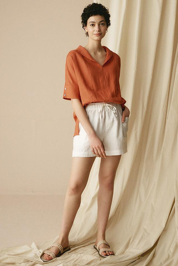 100% Linen V-Neck Short Sleeve Shirt SIERRA - TOPS-Linen Blouses