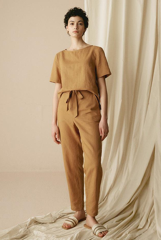100% Linen Two-Piece Casual Tracksuit - Peanut / S - SETS-Linen Sets