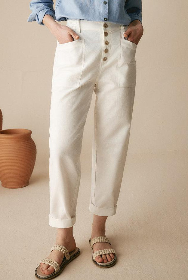 Linen Simple Button Fly Trousers HEIDI - Optic White / XS - BOTTOMS-Linen Pants