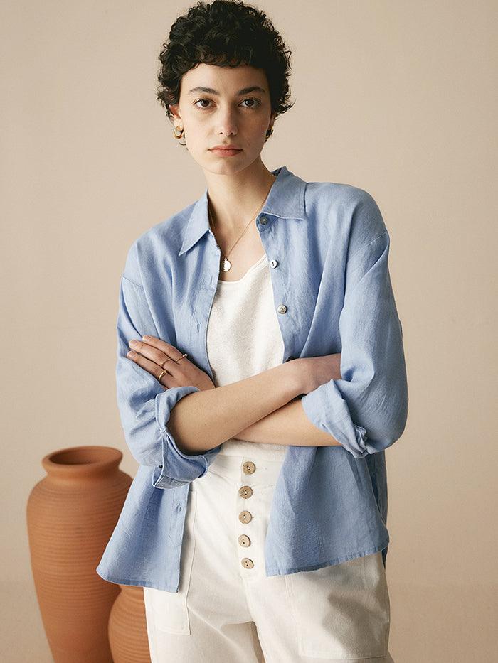 100% Linen Classic Leisure Shirt Azure - TOPS-Linen Button Down Shirts