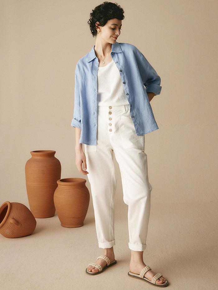 100% Linen Classic Leisure Shirt Azure - TOPS-Linen Button Down Shirts