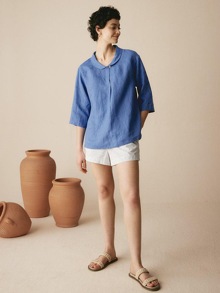 JADE 100% Linen Shawl V-Neck Half Sleeve Top - TOPS-Linen Blouses