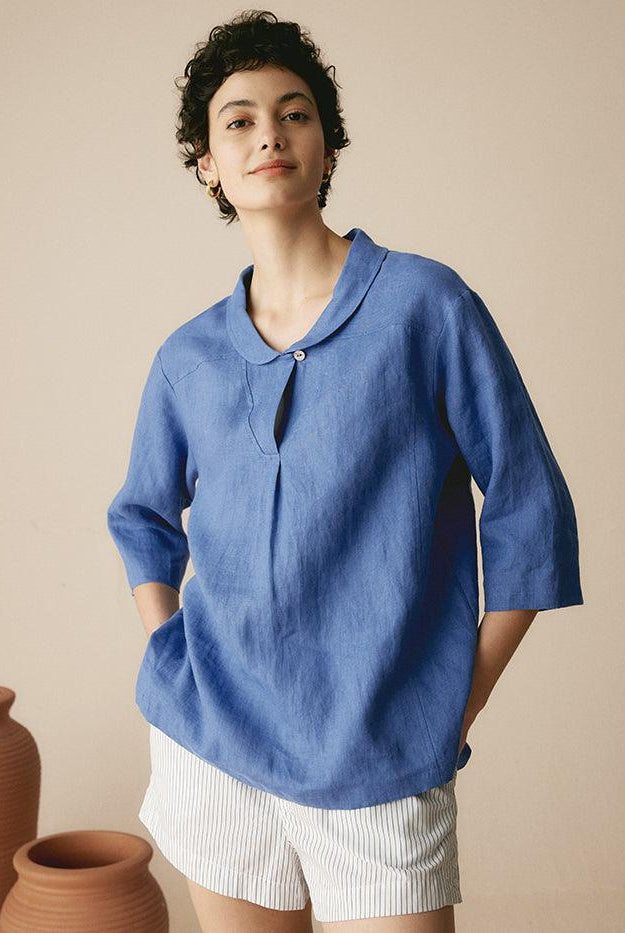 100% Linen Stripe Shawl V-Neck Half Sleeve Top - Denim Blue / S - TOPS-Linen Blouses