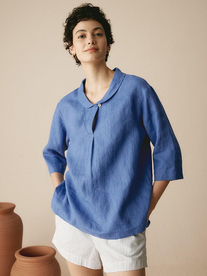 100% Linen Stripe Shawl V-Neck Half Sleeve Top - Denim Blue / S - TOPS-Linen Blouses