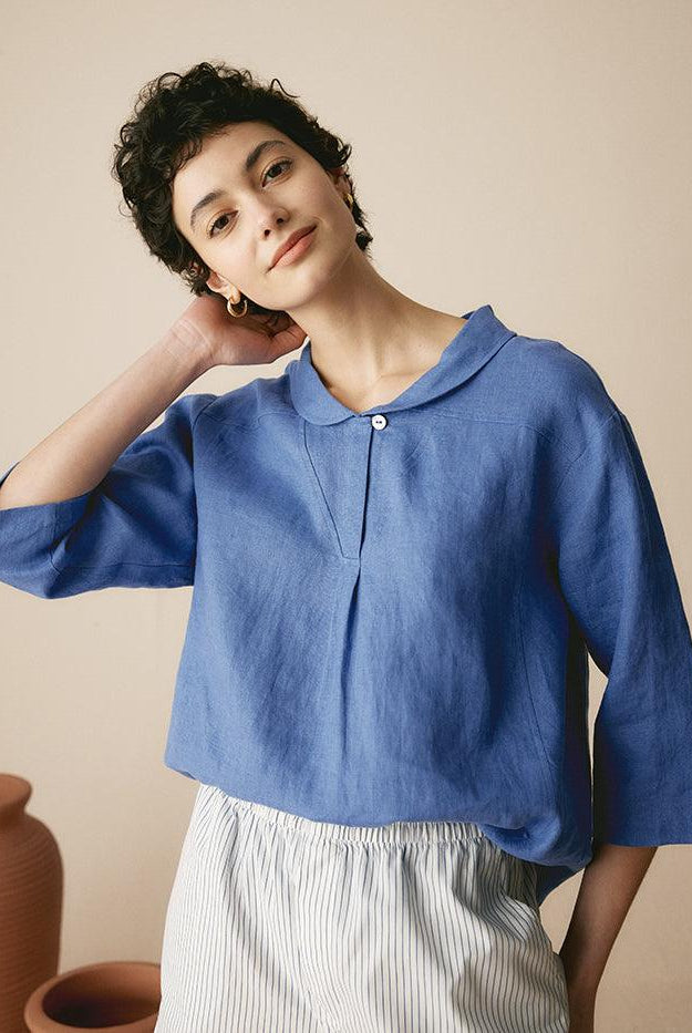 100% Linen Stripe Shawl V-Neck Half Sleeve Top - TOPS-Linen Blouses