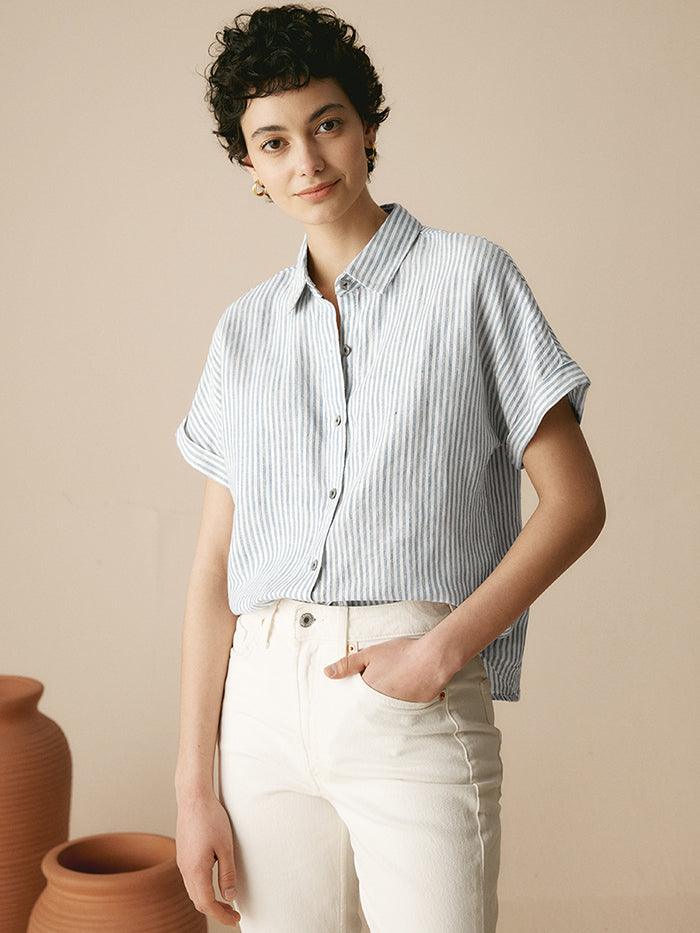 100% Linen Striped Classic Button-Front Shirt - TOPS-Linen Button Down Shirts