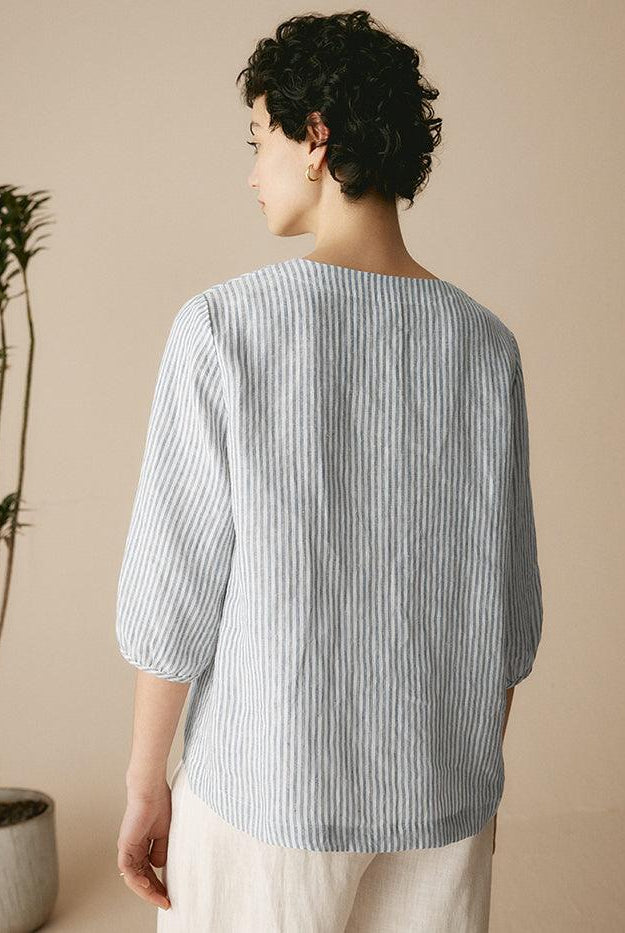 100% Linen Puff Sleeves Top - TOPS-Linen Blouses
