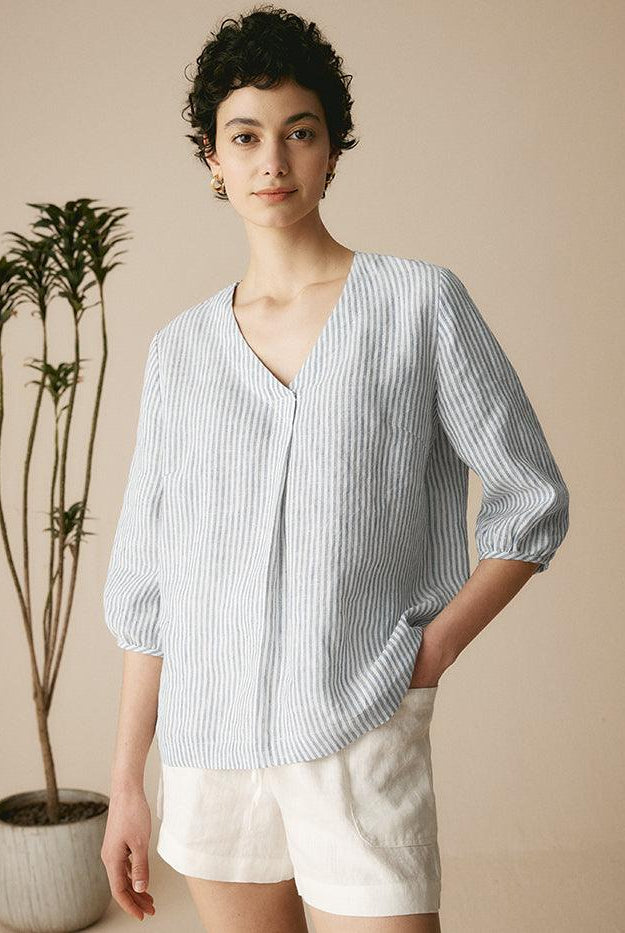 100% Linen Striped Puff Sleeves Top - Stripe / S - TOPS-Linen Blouses