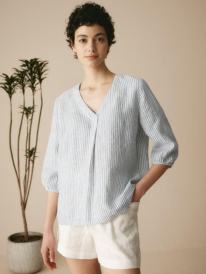 100% Linen Puff Sleeves Top - Stripe / S - TOPS-Linen Blouses