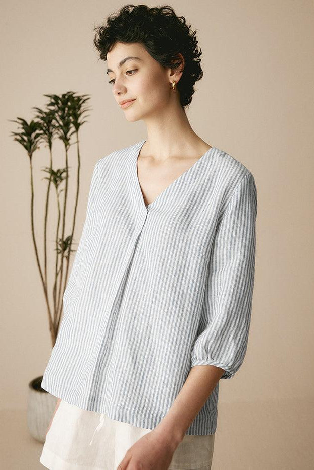 100% Linen Striped Puff Sleeves Top - TOPS-Linen Blouses
