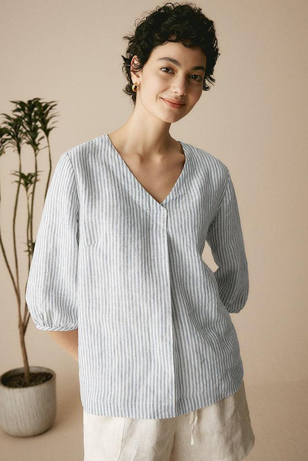 100% Linen Puff Sleeves Top - TOPS-Linen Blouses