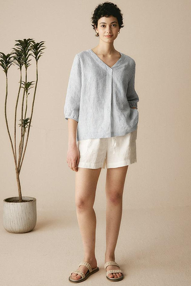 100% Linen Striped Puff Sleeves Top - TOPS-Linen Blouses