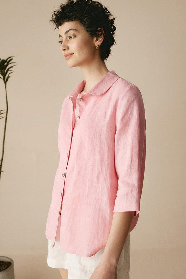 100% Linen Peter Pan Collar 3/4 Sleeve Shirt ASTRID - TOPS-Linen Button Down Shirts