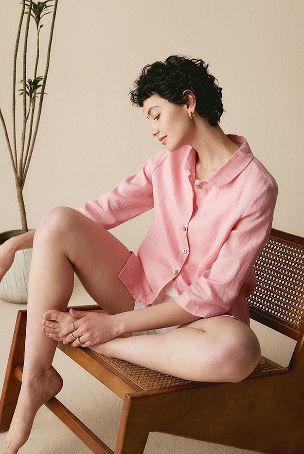 100% Linen Peter Pan Collar 3/4 Sleeve Shirt ASTRID - TOPS-Linen Button Down Shirts