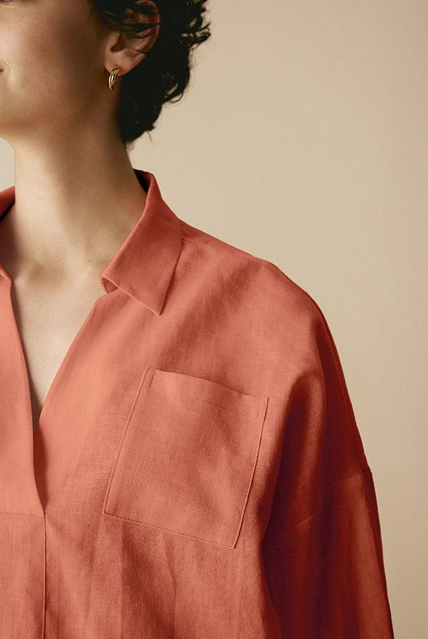 Linen Oversized Fit Pocket Shirt ELOWEN - TOPS-Linen Blouses