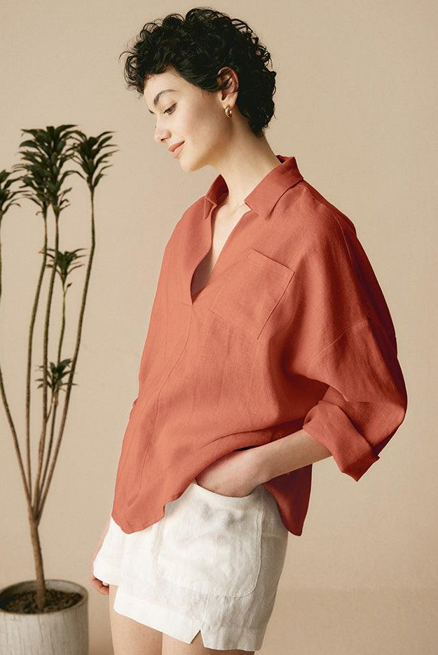 Linen Oversized Fit Pocket Shirt ELOWEN - TOPS-Linen Blouses