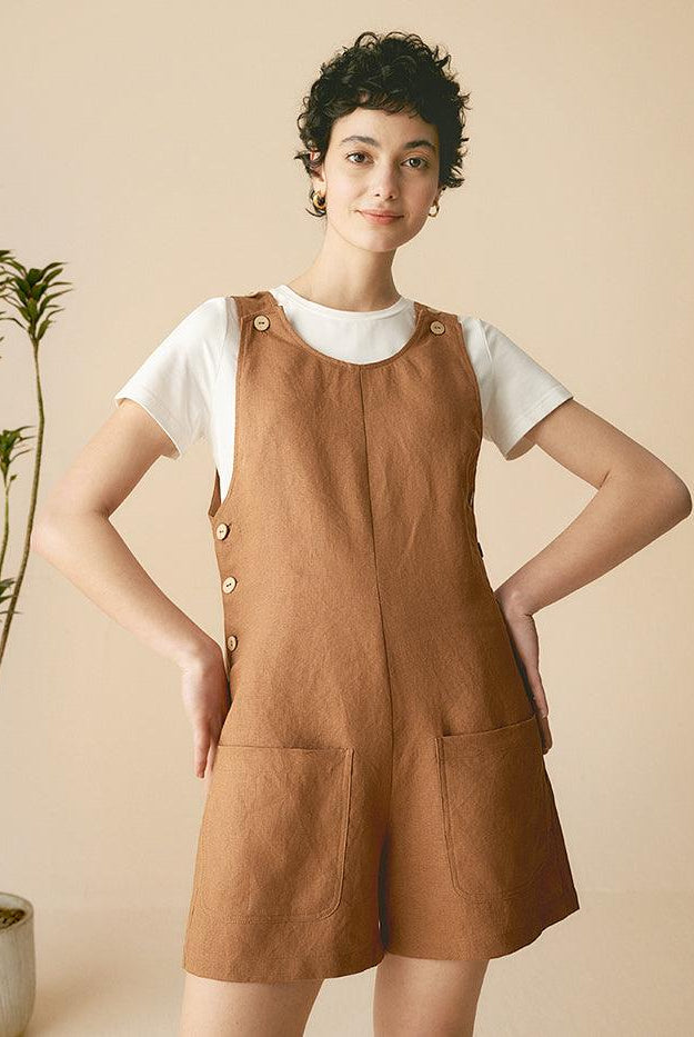 100% Linen U-Neck Short Jumpsuit - Cinnamon Brown / S - sets & jumpsuits
