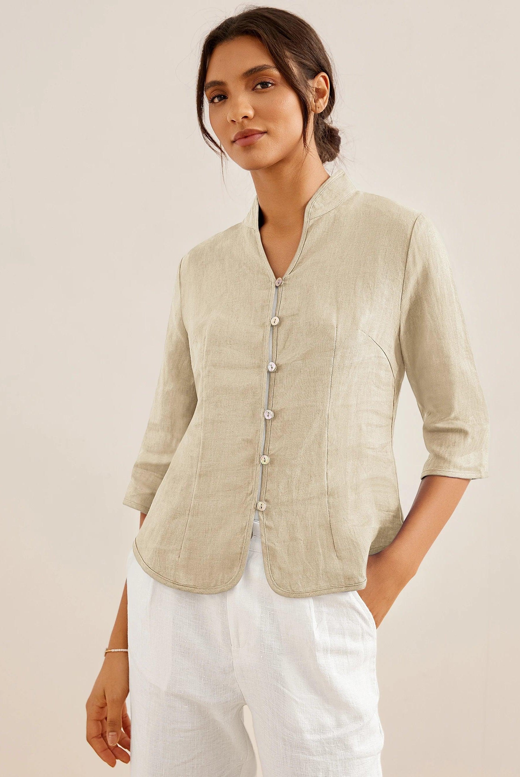 100% Linen Hand Button Fitted Jacket AMELIA - TOPS-Linen Jackets