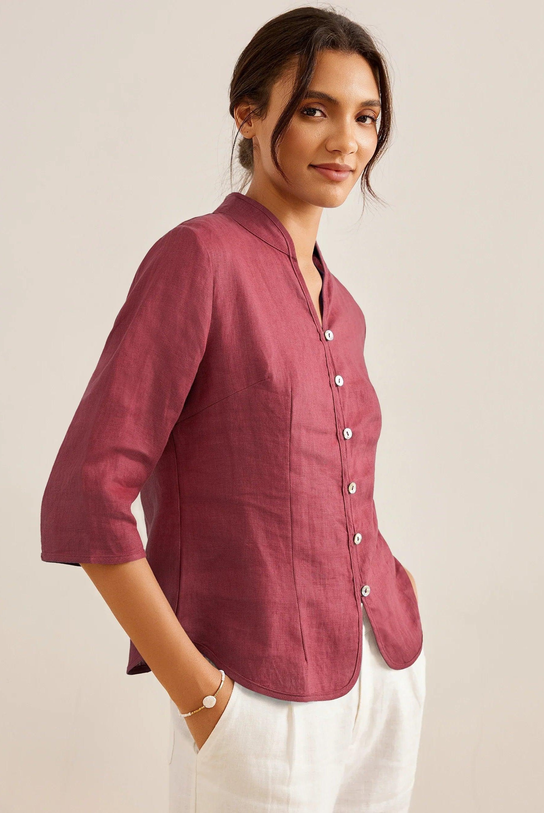 100% Linen Hand Button Fitted Jacket AMELIA - Ancora Red / S - TOPS-Linen Jackets