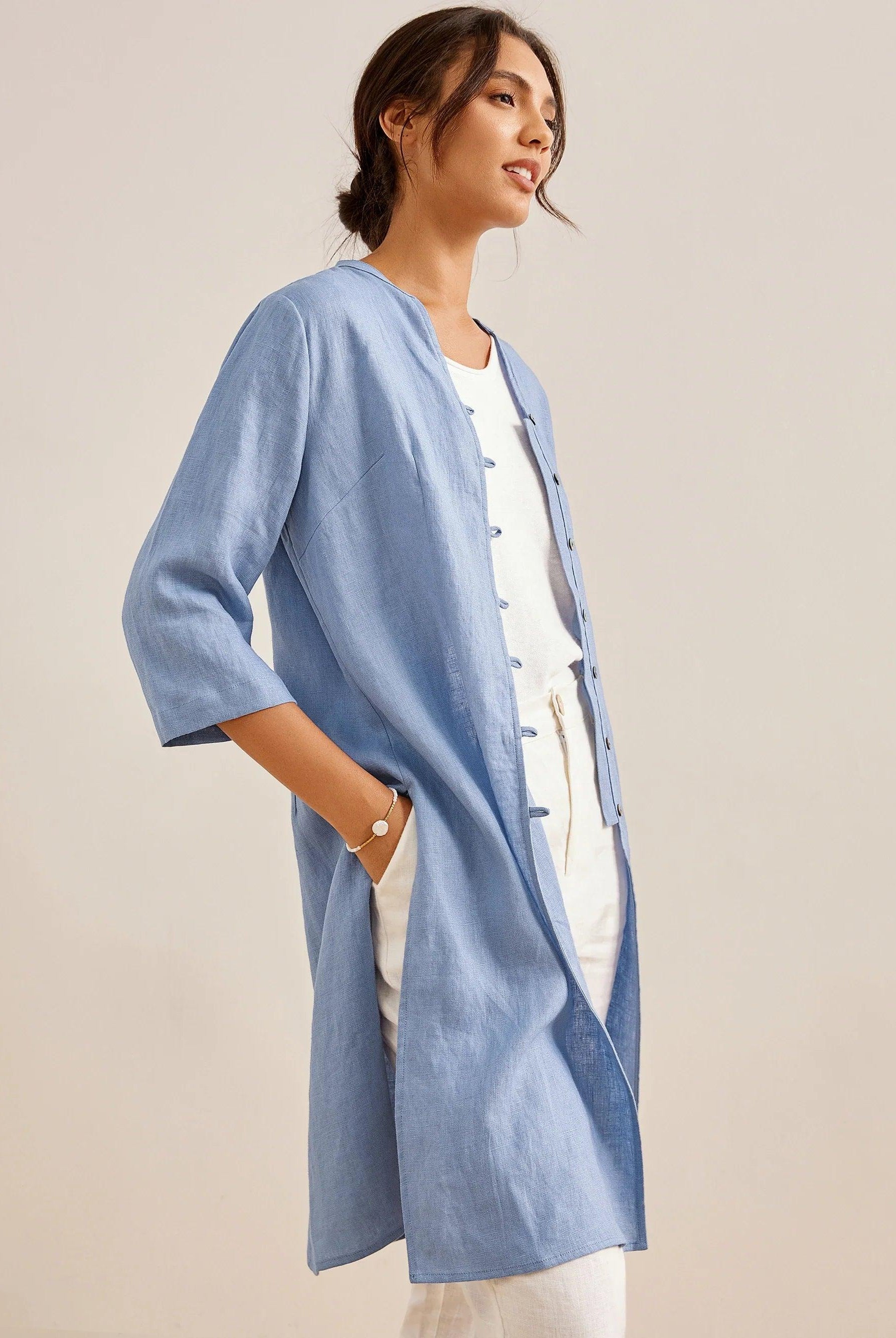 100% Linen Hand Button Long Top DILLON - TOPS-Linen Down Shirts