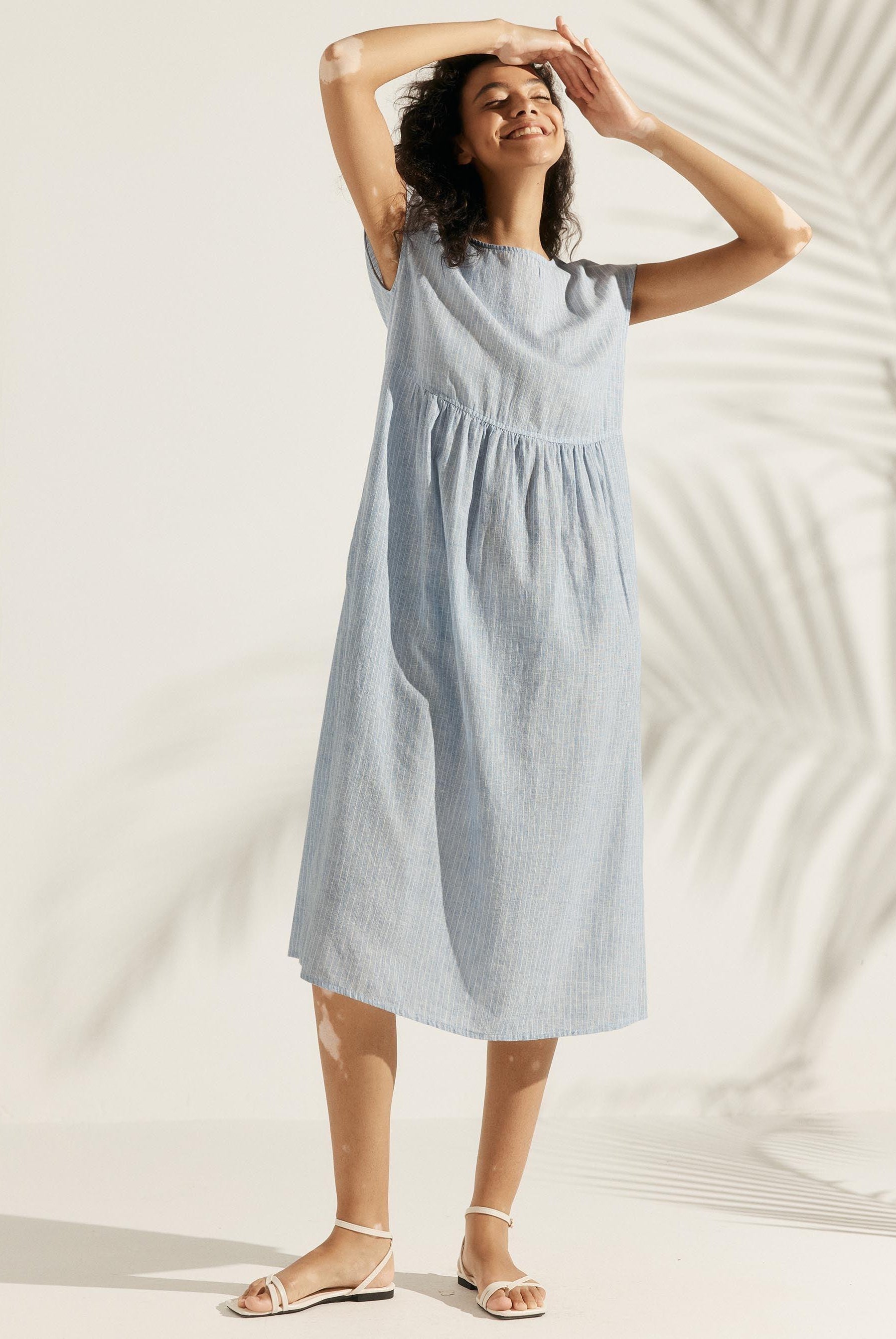 100% Linen Cap Sleeve Washed Maxi Dress JOAN - DRESSES-Linen