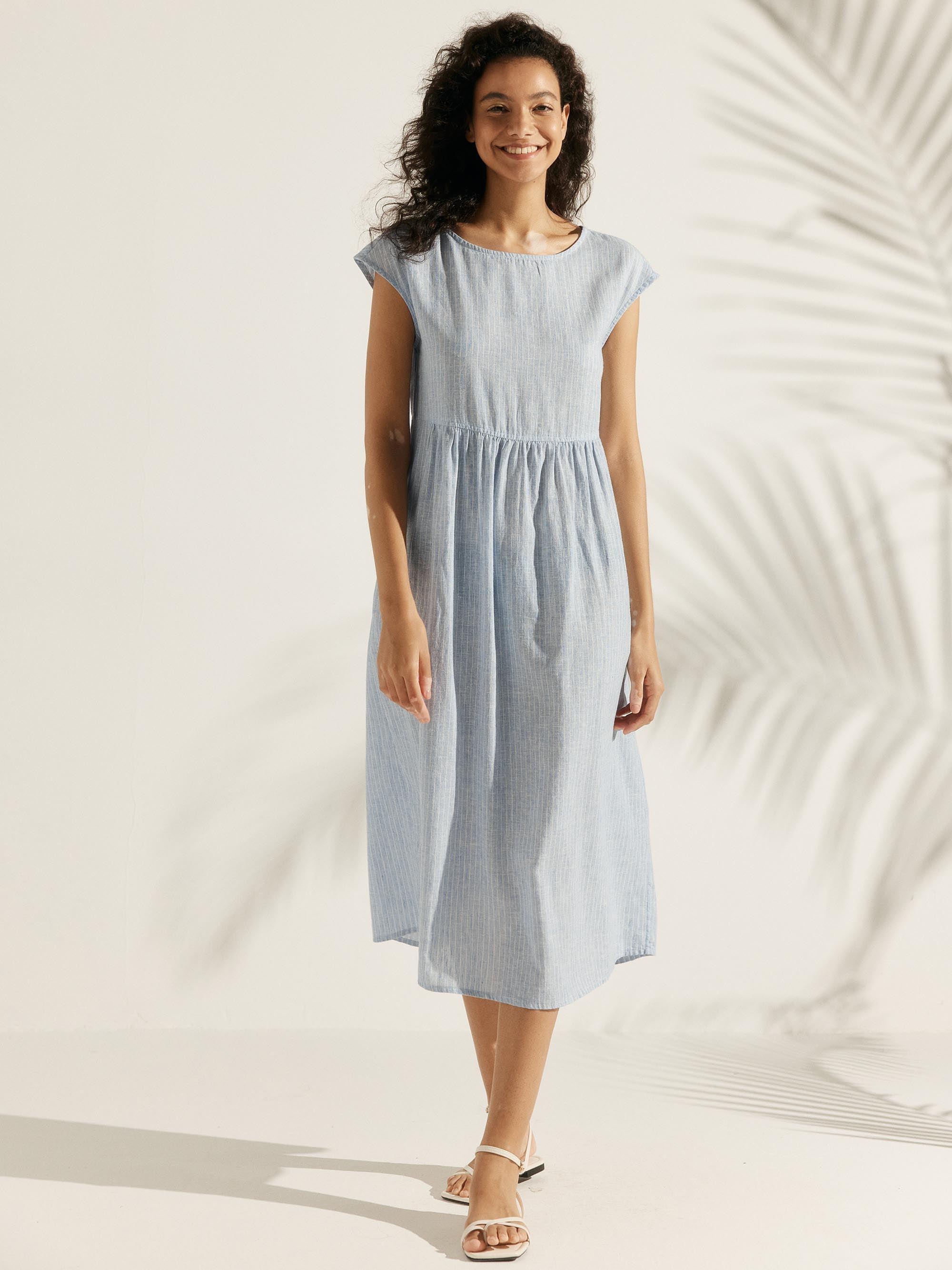 JOAN 100% Linen Cap Sleeve Washed Maxi Dress - Small Ice Blue Strip / XS - DRESSES-Linen