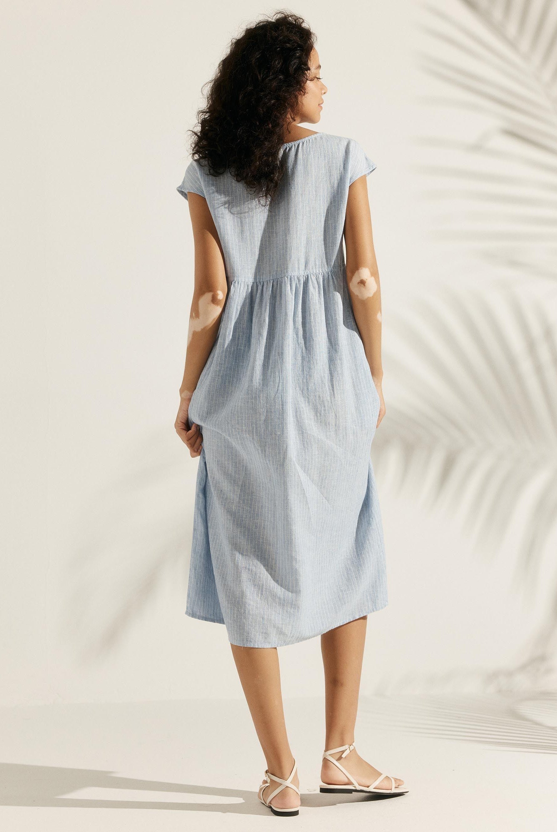 100% Linen Cap Sleeve Washed Maxi Dress JOAN - DRESSES-Linen