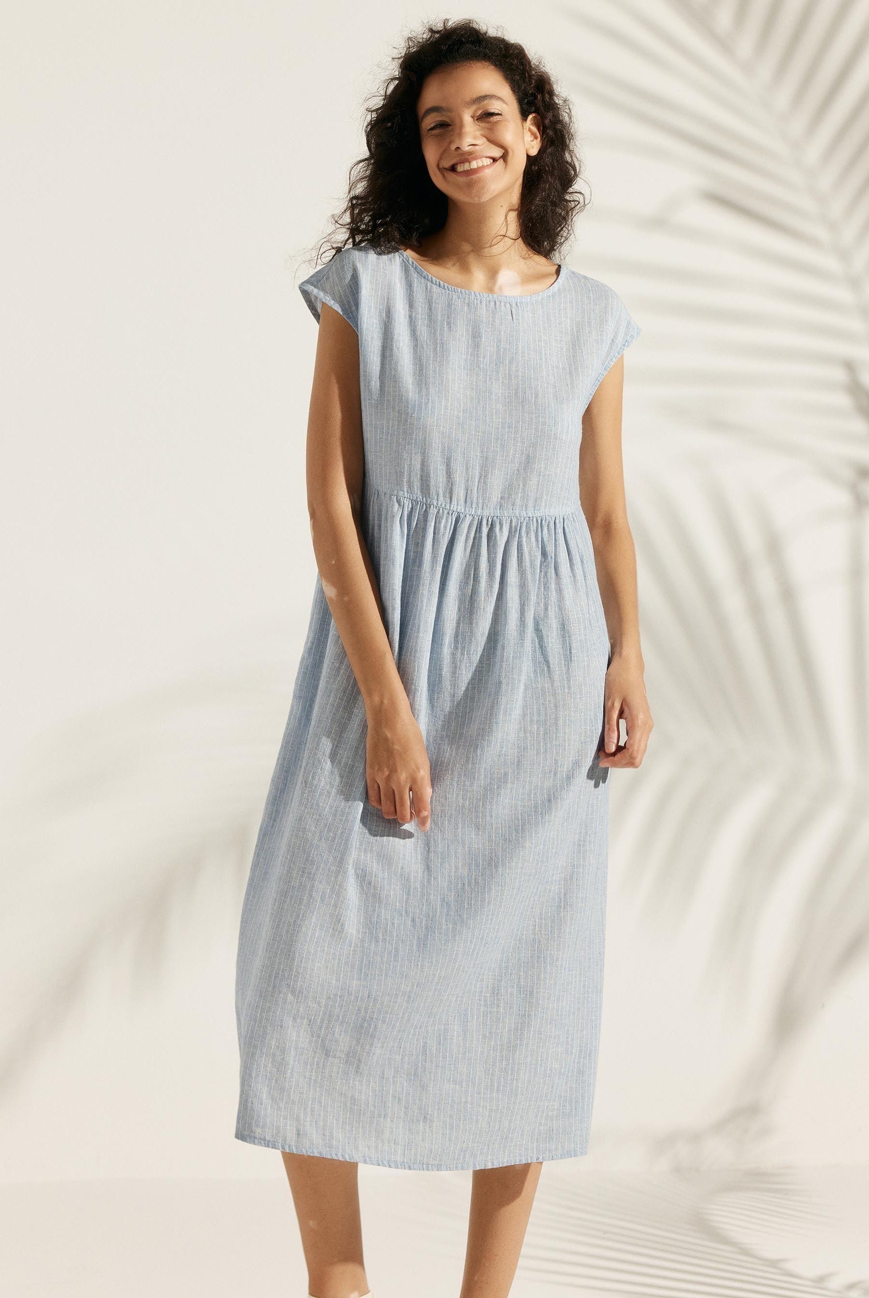 100% Linen Cap Sleeve Washed Maxi Dress JOAN - DRESSES-Linen