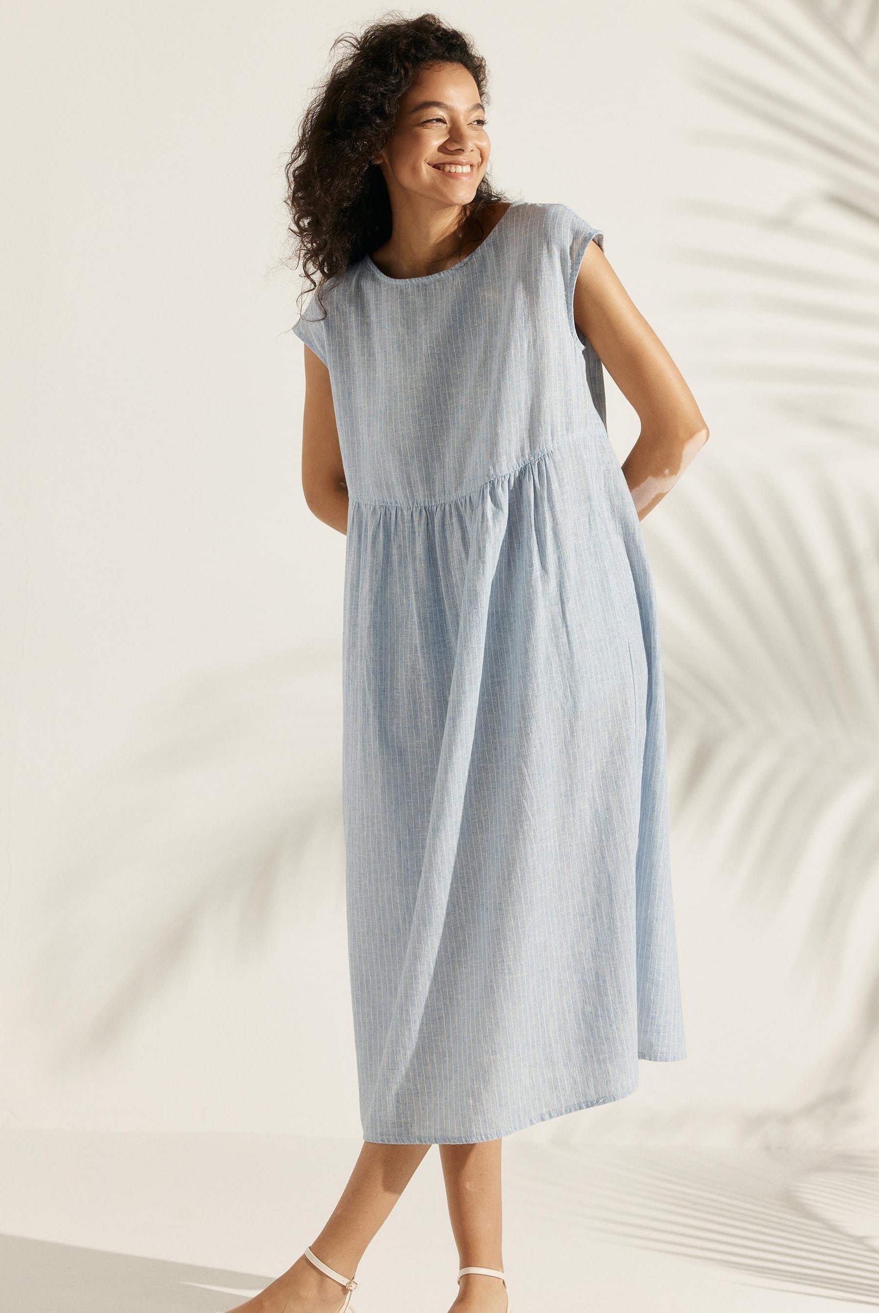 100% Linen Cap Sleeve Washed Maxi Dress JOAN - DRESSES-Linen