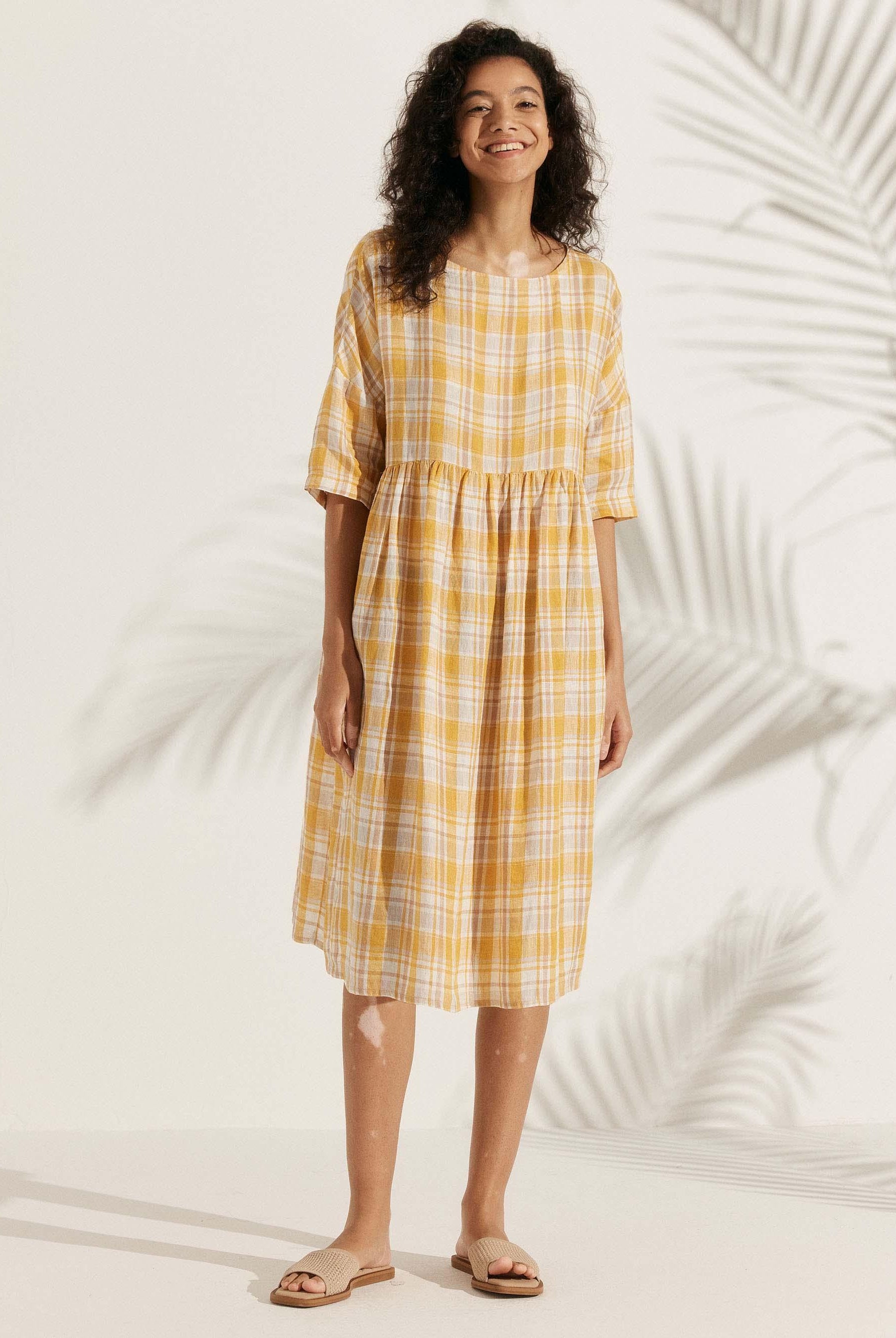 100% Linen A-Line Midi Dress VALENCIA - Honey Check / S - DRESSES-Linen