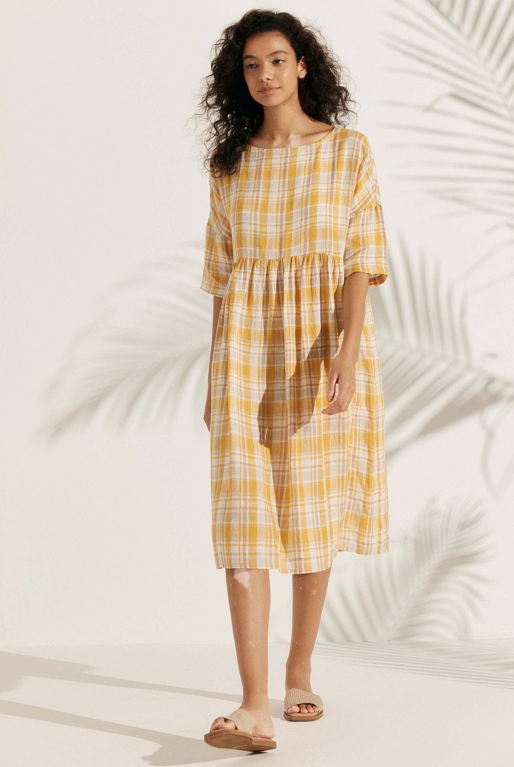 100% Linen A-Line Midi Dress VALENCIA - DRESSES-Linen