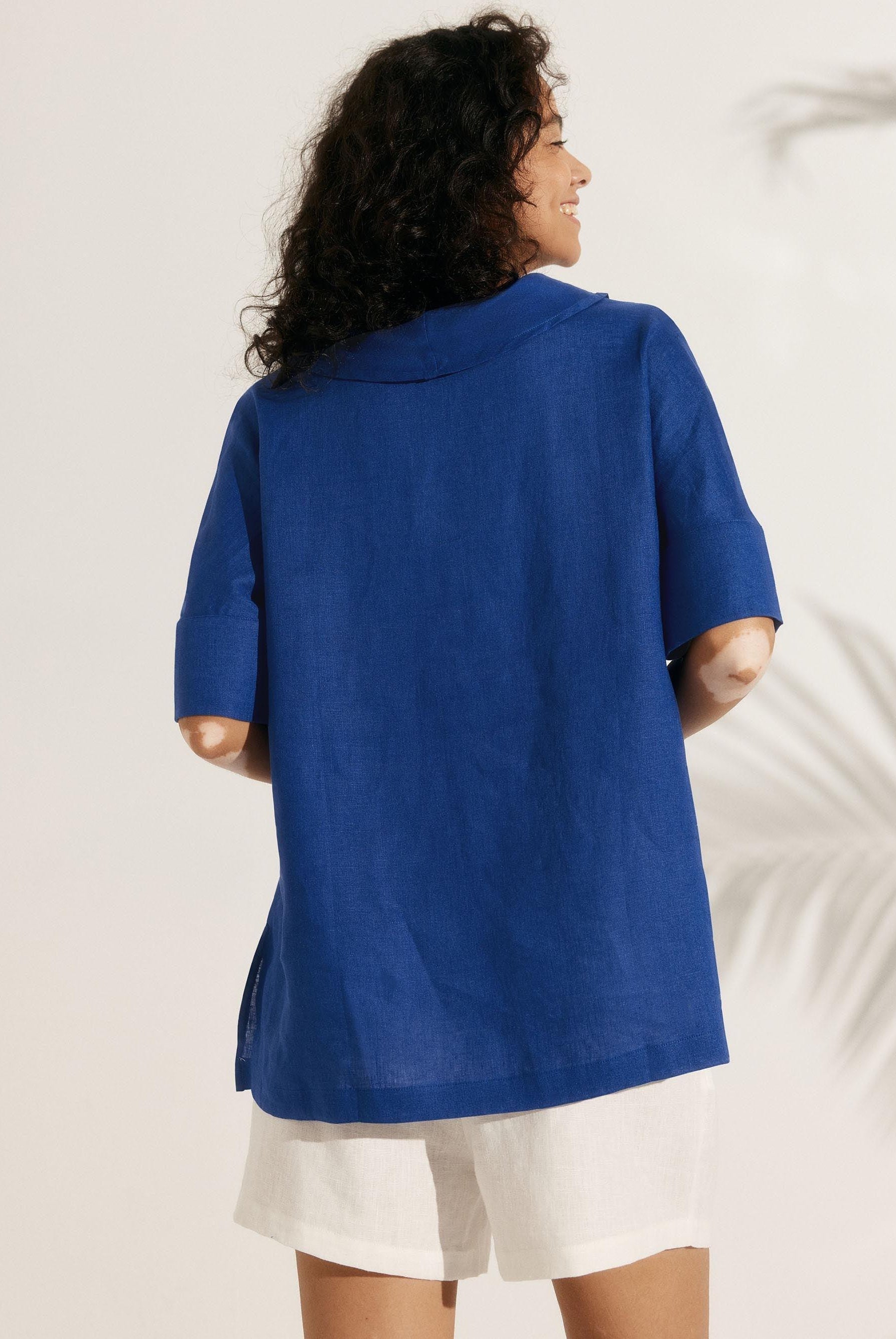 Linen V Neck Short Sleeve Shirt - TOPS-Linen Blouses