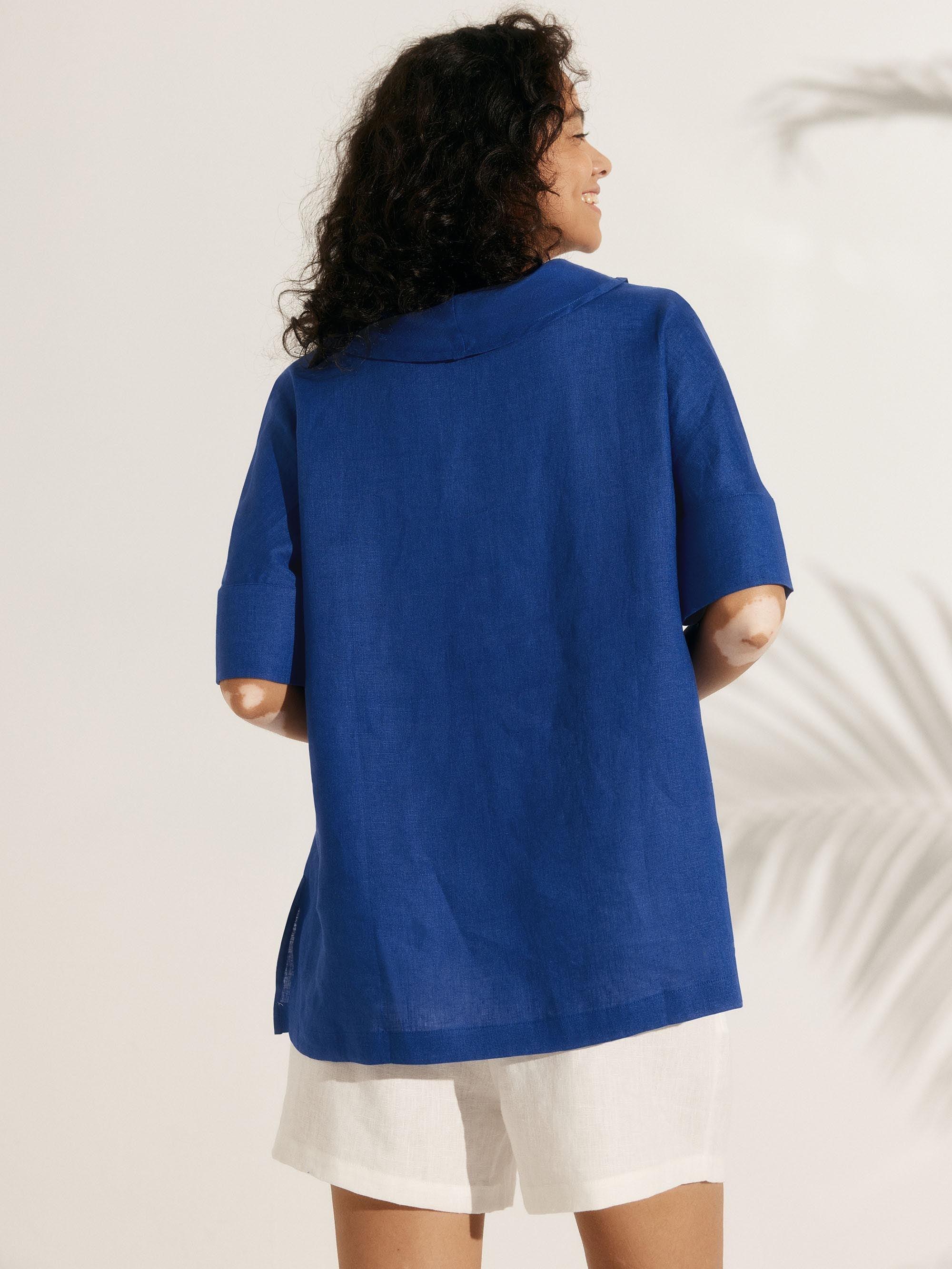 Linen V Neck Short Sleeve Shirt - TOPS-Linen Blouses