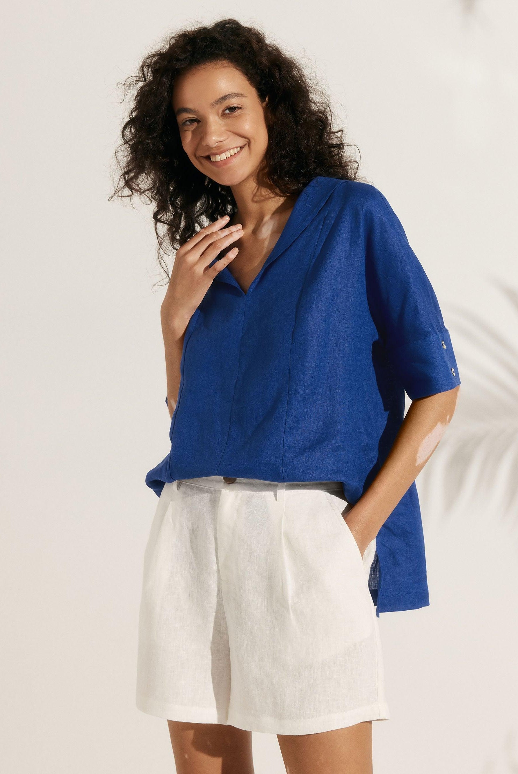 Linen V Neck Short Sleeve Shirt - TOPS-Linen Blouses