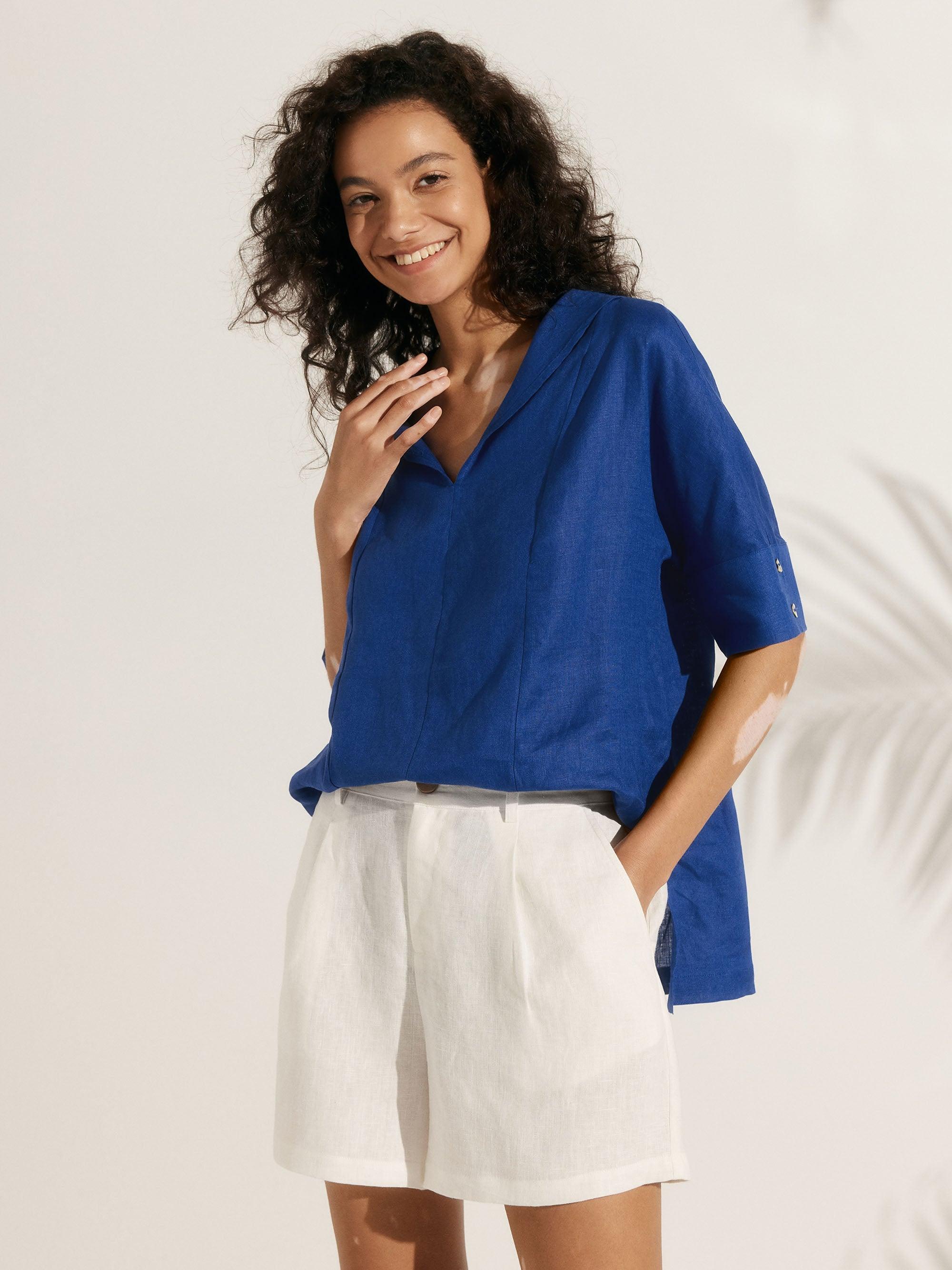 Linen V Neck Short Sleeve Shirt - TOPS-Linen Blouses