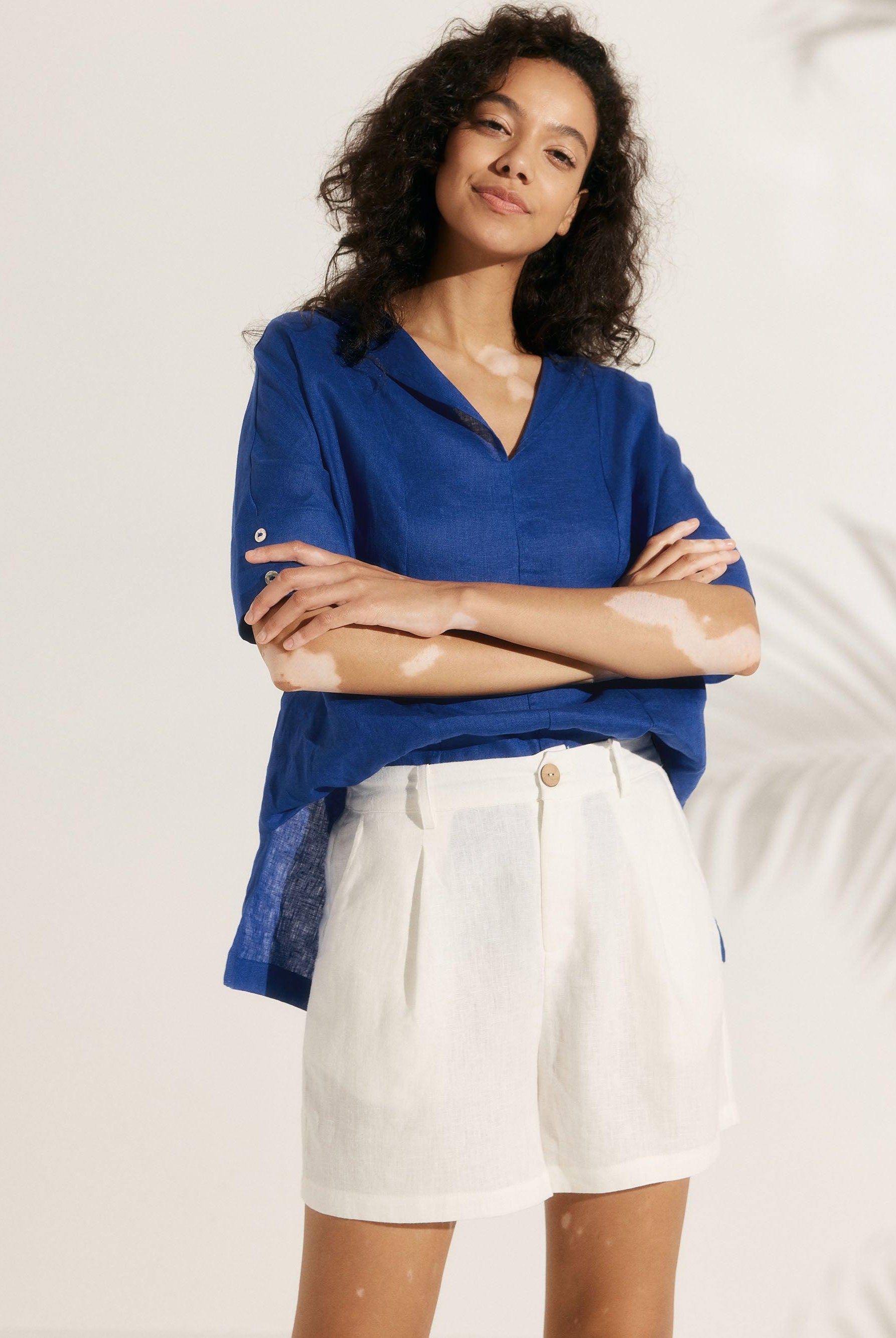 Linen V Neck Short Sleeve Shirt - TOPS-Linen Blouses