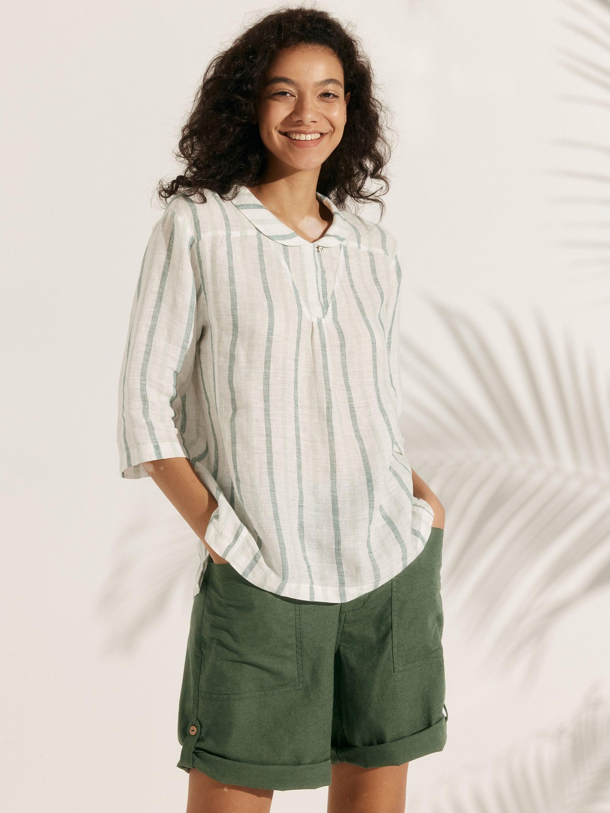100% Linen Stripe Shawl V-Neck Half Sleeve Top - Forest Green / S - TOPS-Linen Blouses