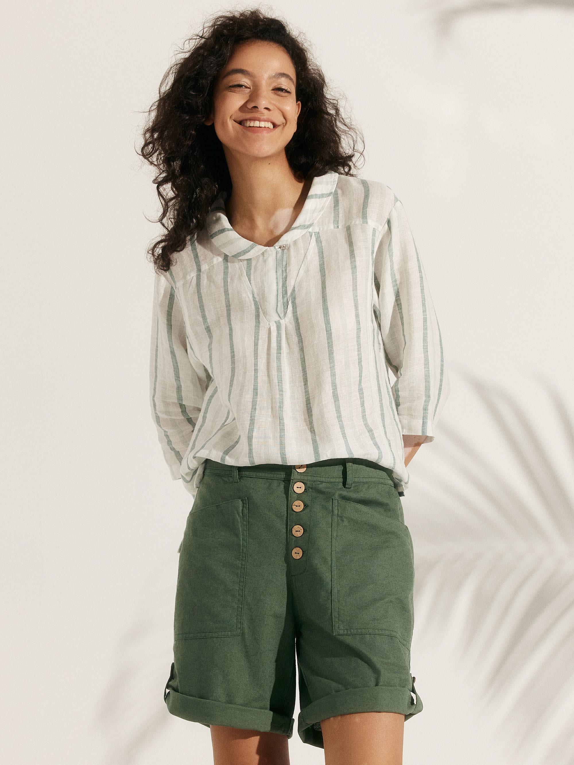 100% Linen Stripe Shawl V-Neck Half Sleeve Top - TOPS-Linen Blouses