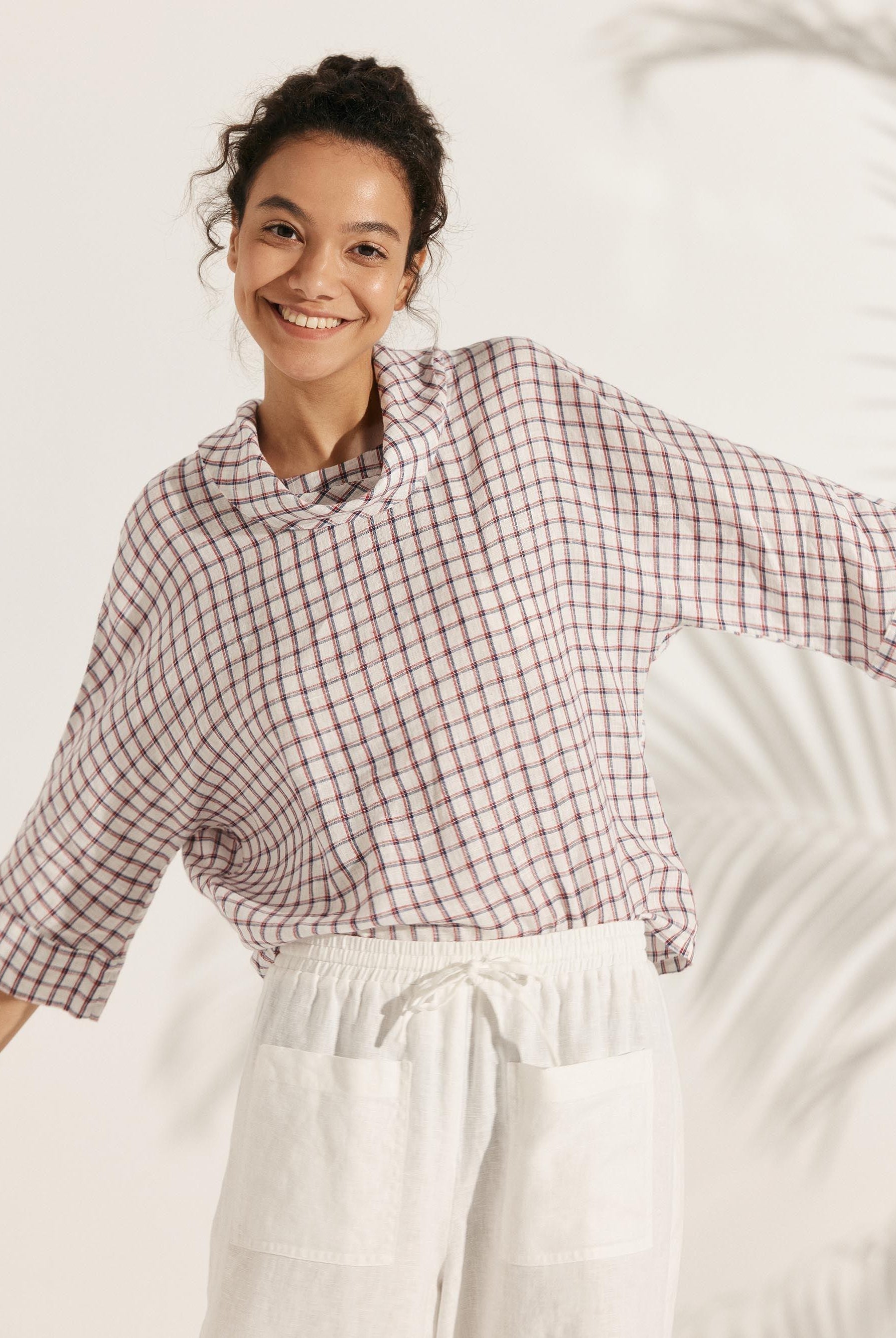 100% Linen Dropped Collar Long-Sleeve Top TRISTAN - TOPS-Linen Blouses