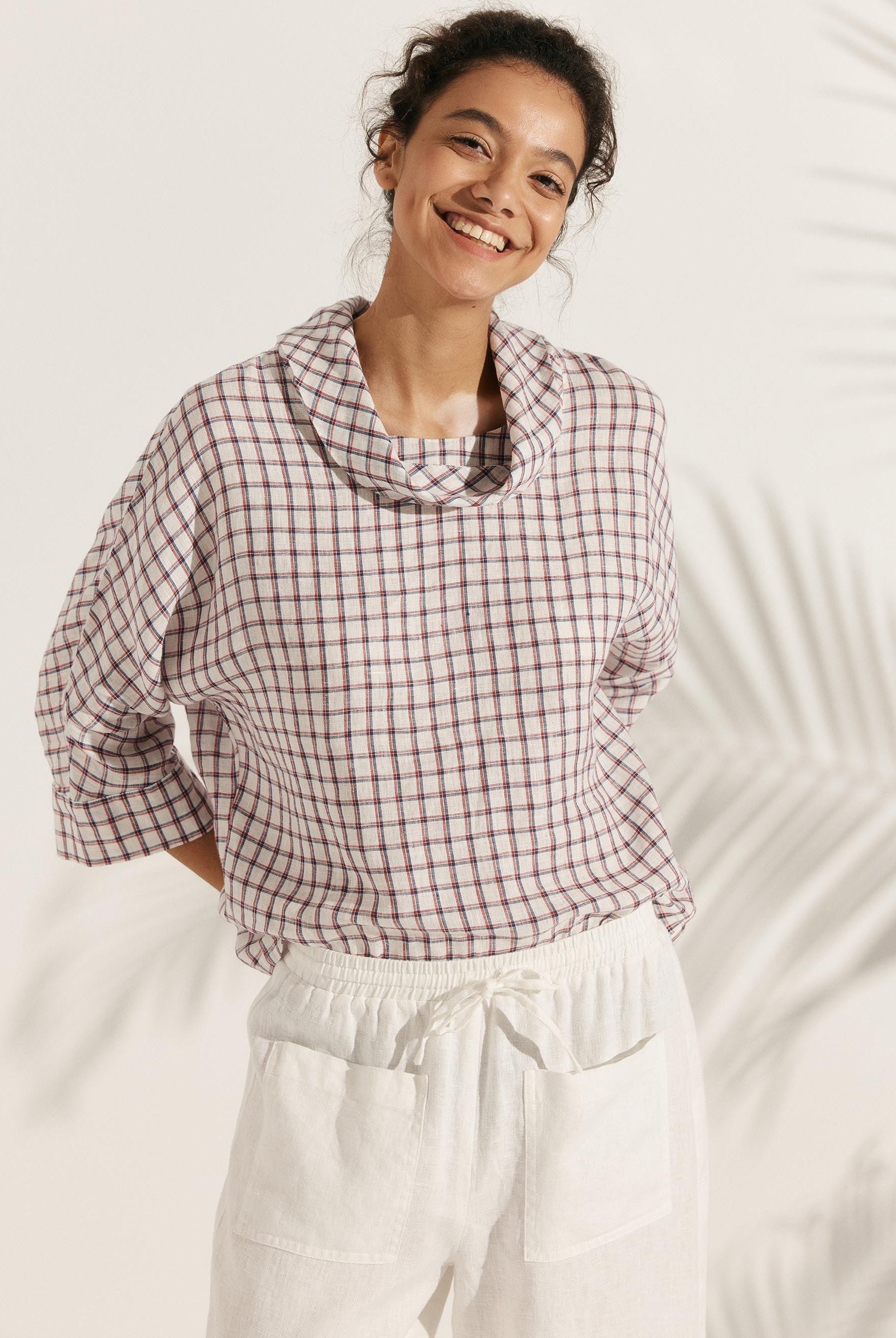 100% Linen Dropped Collar Long-Sleeve Top TRISTAN - Highland Plaid / S - TOPS-Linen Blouses