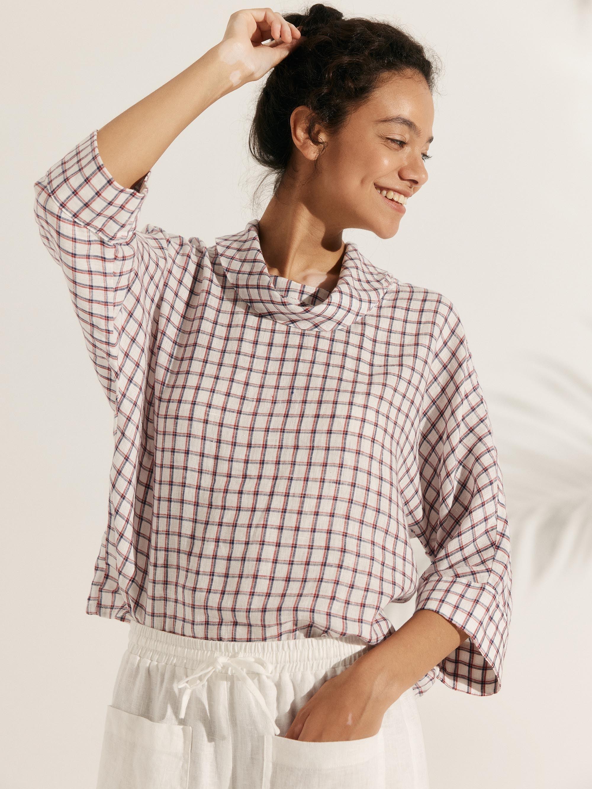 100% Linen Dropped Collar Long-Sleeve Top TRISTAN - TOPS-Linen Blouses