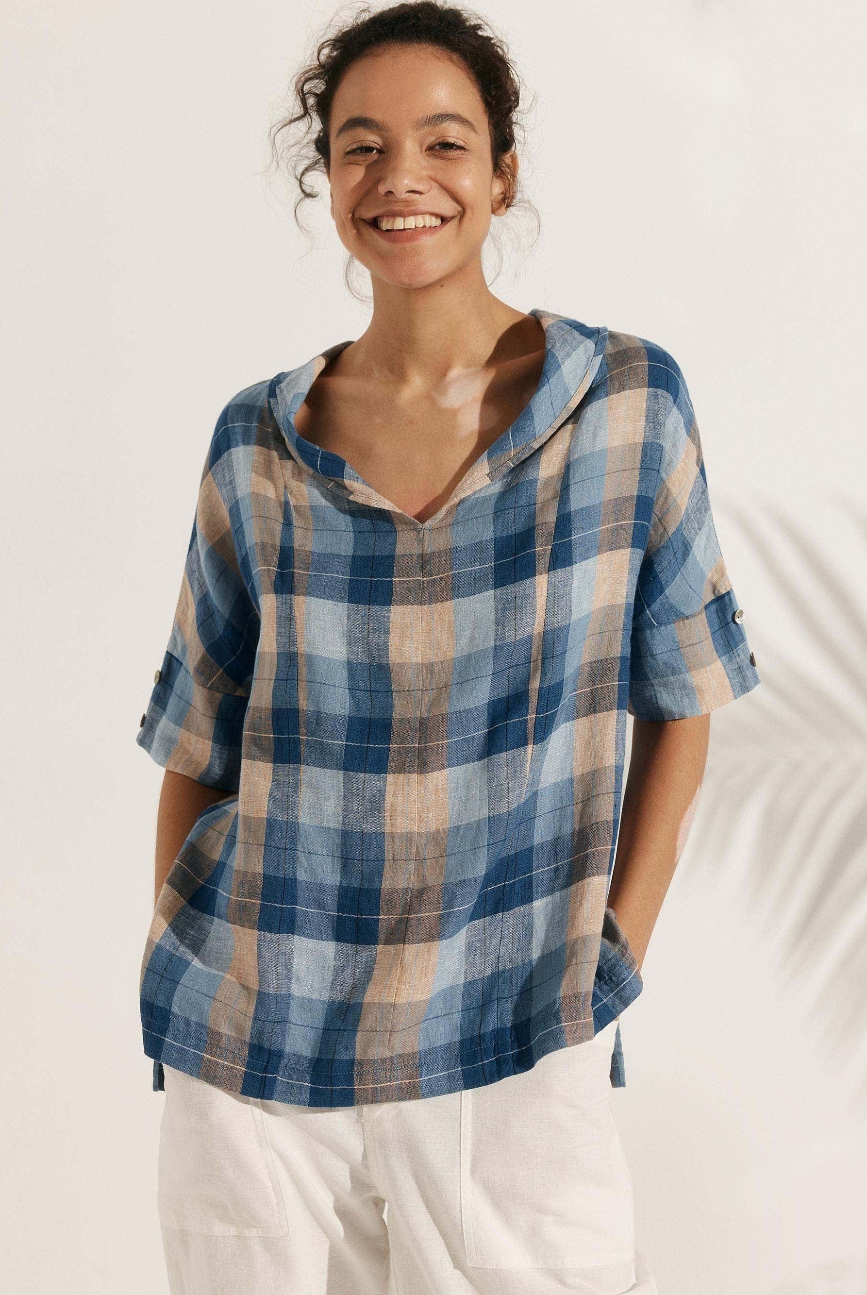 Linen V Neck Short Sleeve Shirt - TOPS-Linen Blouses