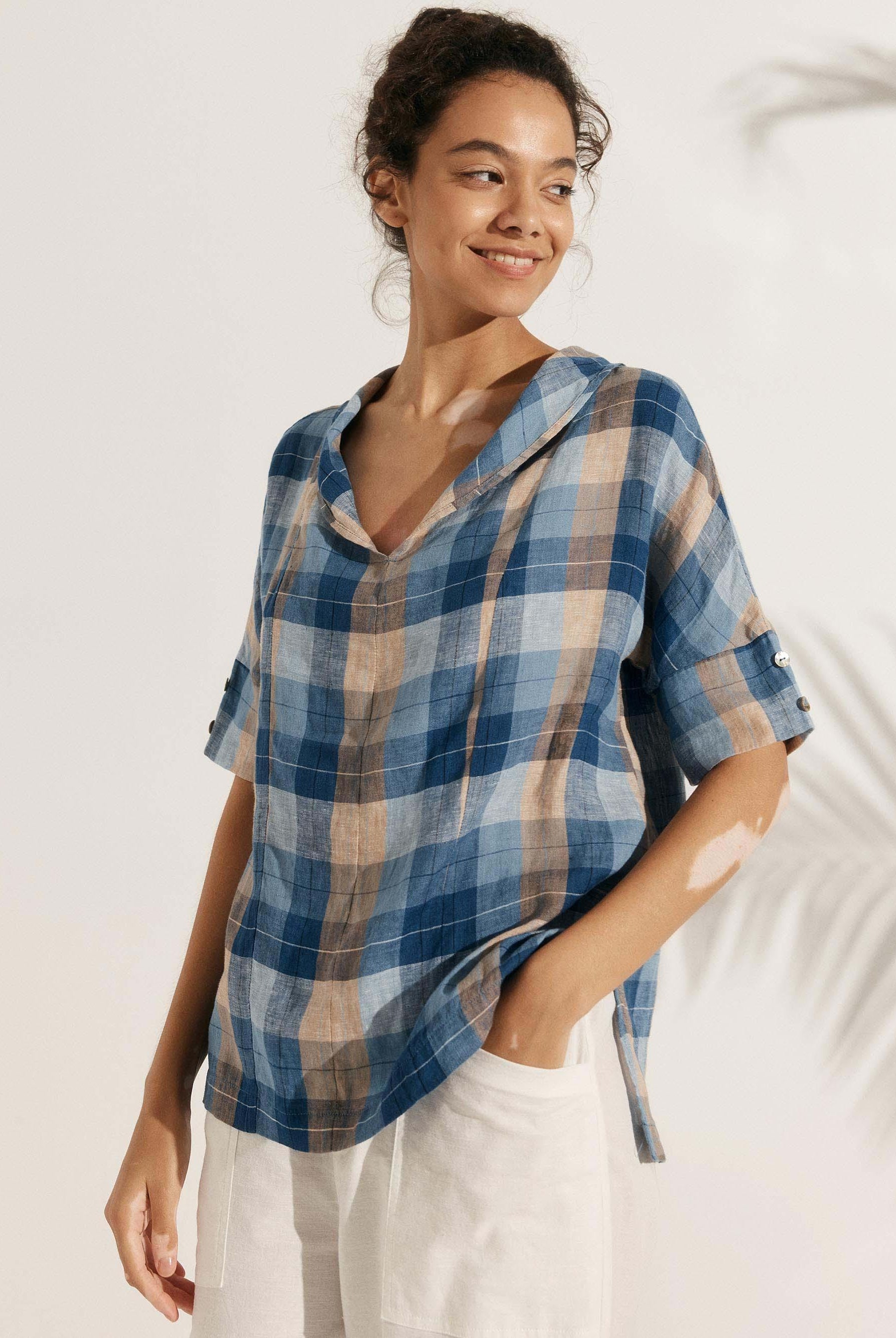 100% Linen V-Neck Short Sleeve Shirt SIERRA - TOPS-Linen Blouses