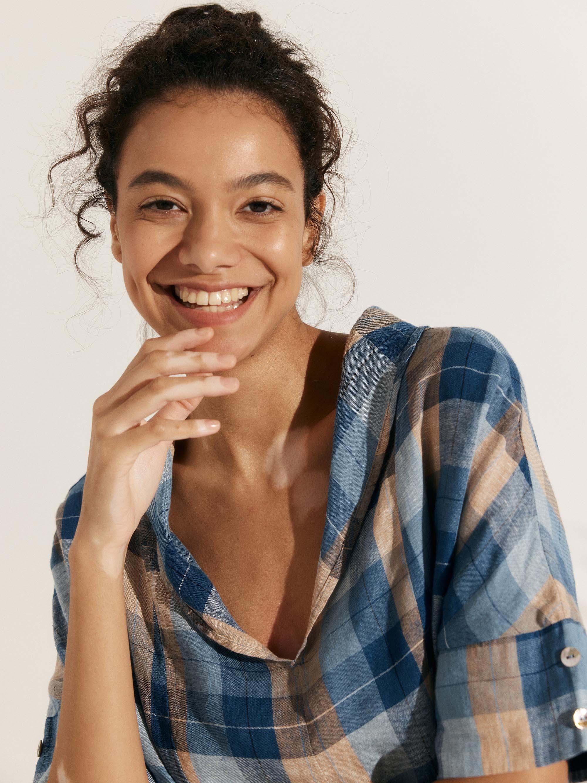 Linen V Neck Short Sleeve Shirt - TOPS-Linen Blouses